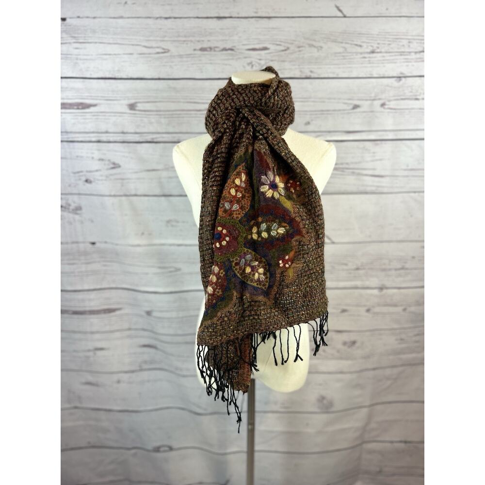 Vtg Icelandic Boho Shawl Scarf Embroidered Knit Fringe Wrap Brown Floral